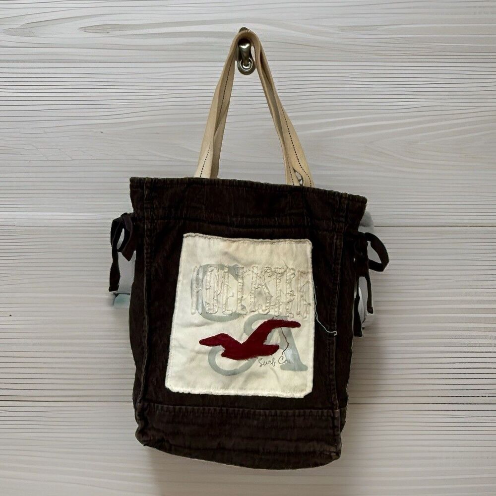 Vintage Y2K Hollister Surf Co Corduroy Tote Bag Brown Seagull Logo Beach Surfer